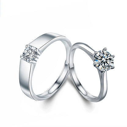 S925 Sterling Silver Adjustable Crown Couple Rings with 1ct Moissanite - White Gold Plated Minimalist Wedding Bands (His 5.5g/Hers 2g)