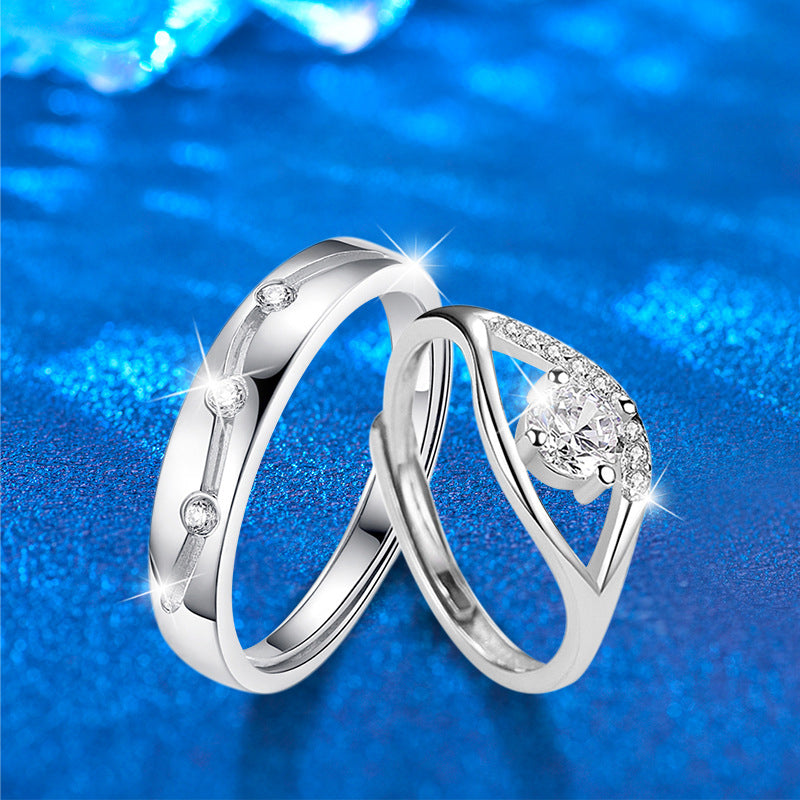S925 Sterling Silver Adjustable Geometric Couple Rings with 0.5ct Moissanite White Gold Plated Minimalist Matching Bands