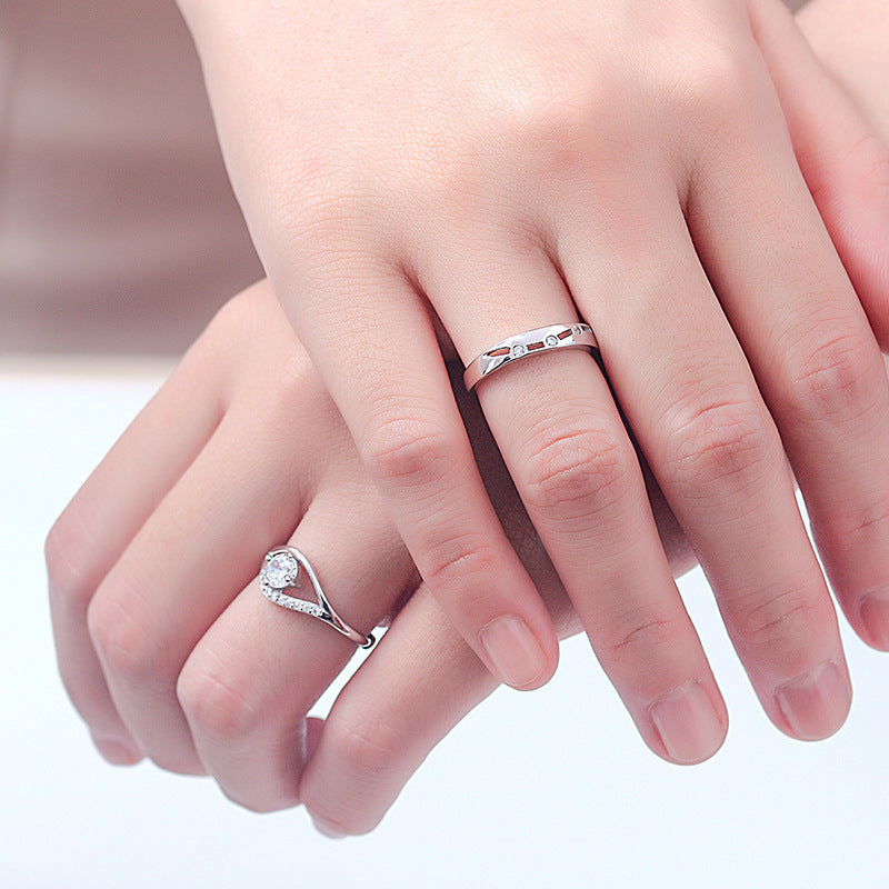 S925 Sterling Silver Adjustable Geometric Couple Rings with 0.5ct Moissanite White Gold Plated Minimalist Matching Bands