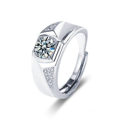 S925 Sterling Silver Adjustable Geometric Men's Ring with 1ct Moissanite Rhodium Plated European Style Jewelry