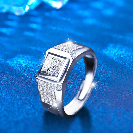 S925 Sterling Silver Adjustable Geometric Men's Ring with 2ct Moissanite Rhodium Plated Premium Jewelry