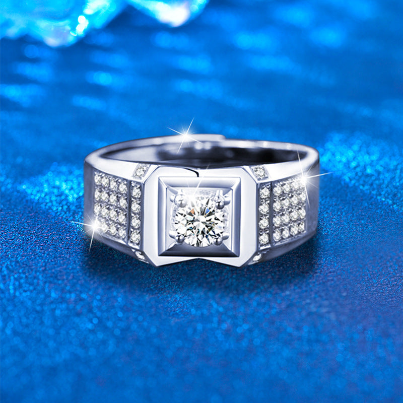 S925 Sterling Silver Adjustable Geometric Men's Ring with 2ct Moissanite Rhodium Plated Premium Jewelry