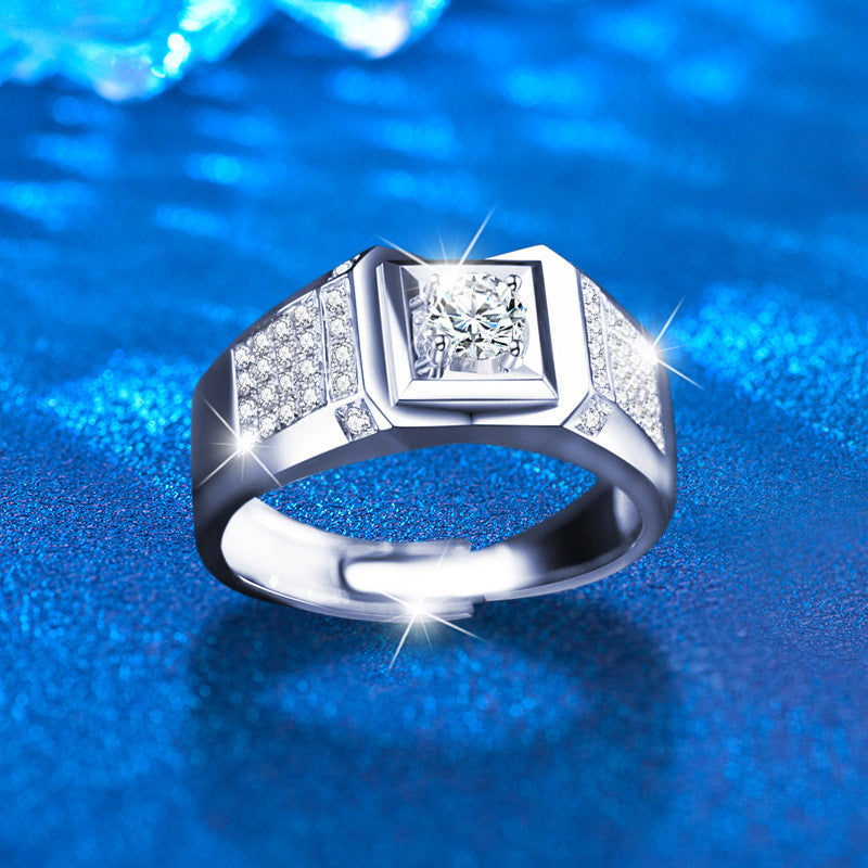S925 Sterling Silver Adjustable Geometric Men's Ring with 2ct Moissanite Rhodium Plated Premium Jewelry