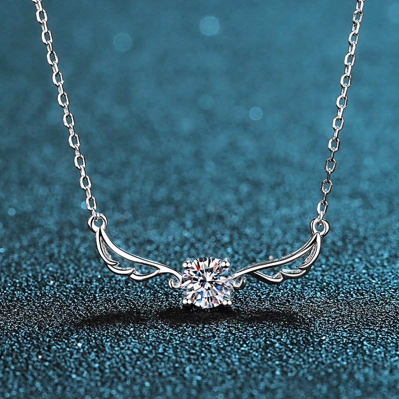 S925 Sterling Silver Angel Wing Pendant Necklace - 0.5CT Moissanite Delicate Collarbone Chain