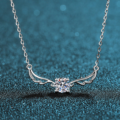 S925 Sterling Silver Angel Wing Pendant Necklace - 0.5CT Moissanite Delicate Collarbone Chain