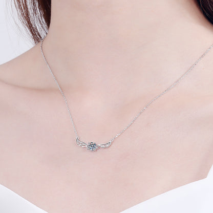 S925 Sterling Silver Angel Wing Pendant Necklace - 0.5CT Moissanite Delicate Collarbone Chain