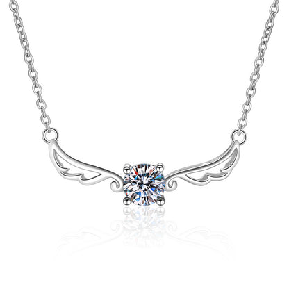 S925 Sterling Silver Angel Wing Pendant Necklace - 0.5CT Moissanite Delicate Collarbone Chain