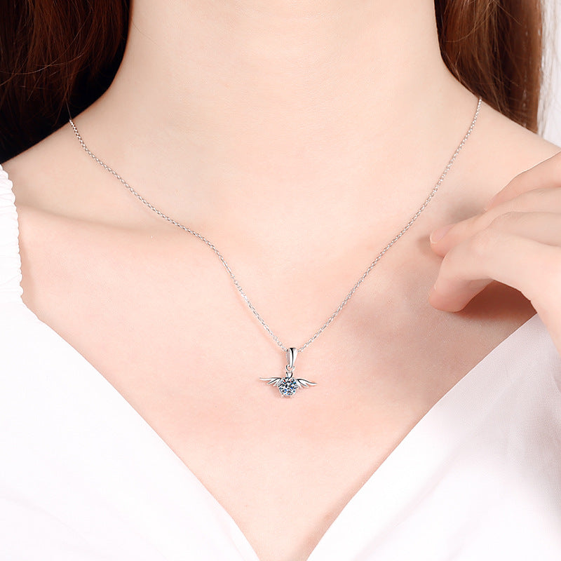 S925 Sterling Silver Angel Wing Pendant Necklace - 0.5CT Moissanite PT950-Plated Collarbone Chain