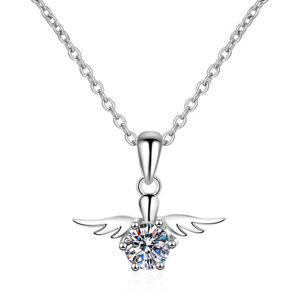 S925 Sterling Silver Angel Wing Pendant Necklace - 0.5CT Moissanite PT950-Plated Collarbone Chain