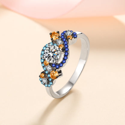 S925 Sterling Silver Angel's Eye Two-Tone Micro-Pavé Moissanite Ring with Lion Dance Motifs
