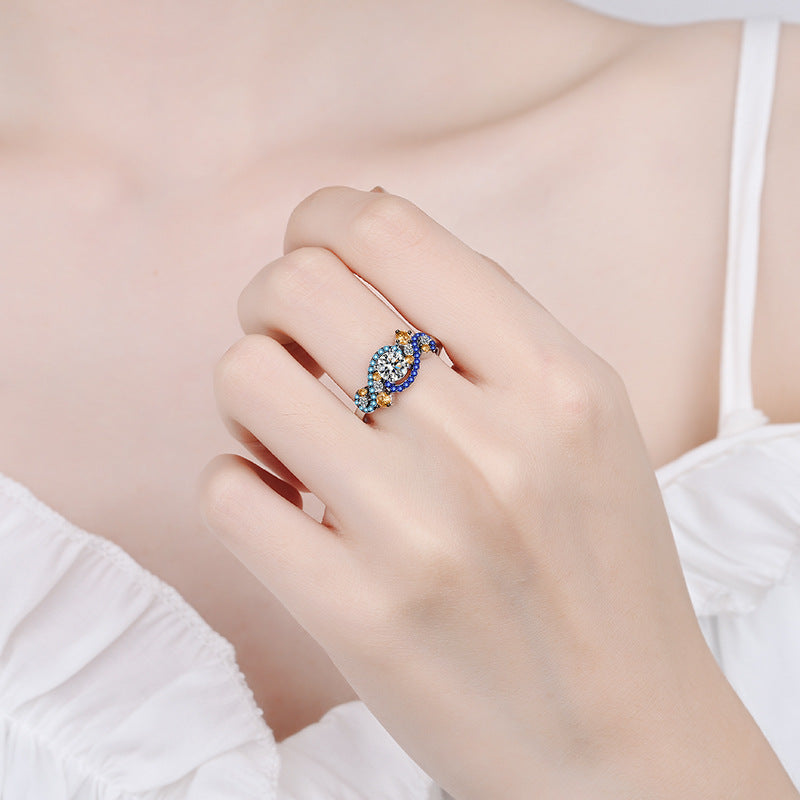 S925 Sterling Silver Angel's Eye Two-Tone Micro-Pavé Moissanite Ring with Lion Dance Motifs