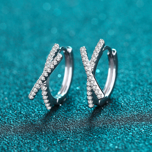 S925 Sterling Silver Asymmetric Cross Hoop Earrings - Baroque-Inspired 0.28ct Moissanite Statement Earrings