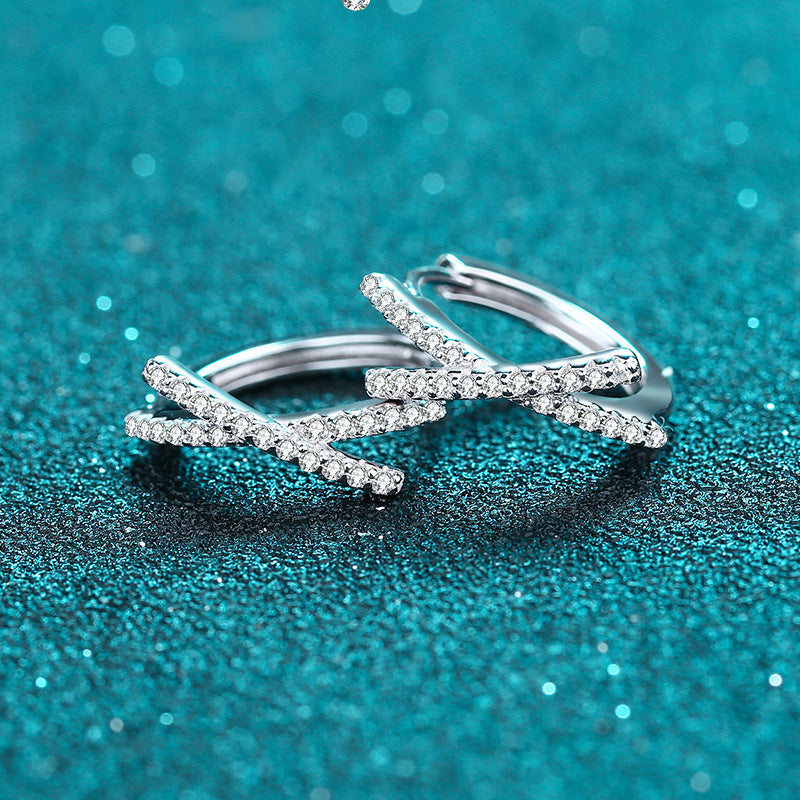 S925 Sterling Silver Asymmetric Cross Hoop Earrings - Baroque-Inspired 0.28ct Moissanite Statement Earrings