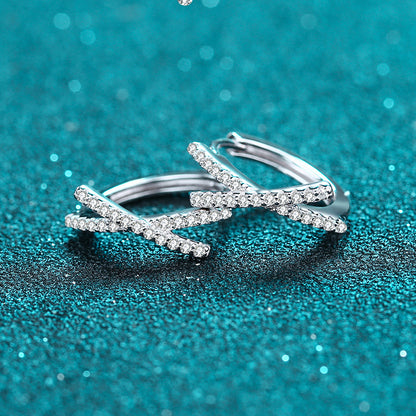 S925 Sterling Silver Asymmetric Cross Hoop Earrings - Baroque-Inspired 0.28ct Moissanite Statement Earrings