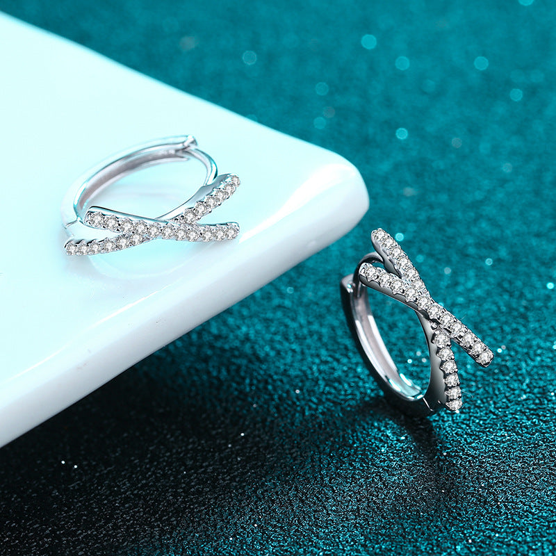 S925 Sterling Silver Asymmetric Cross Hoop Earrings - Baroque-Inspired 0.28ct Moissanite Statement Earrings