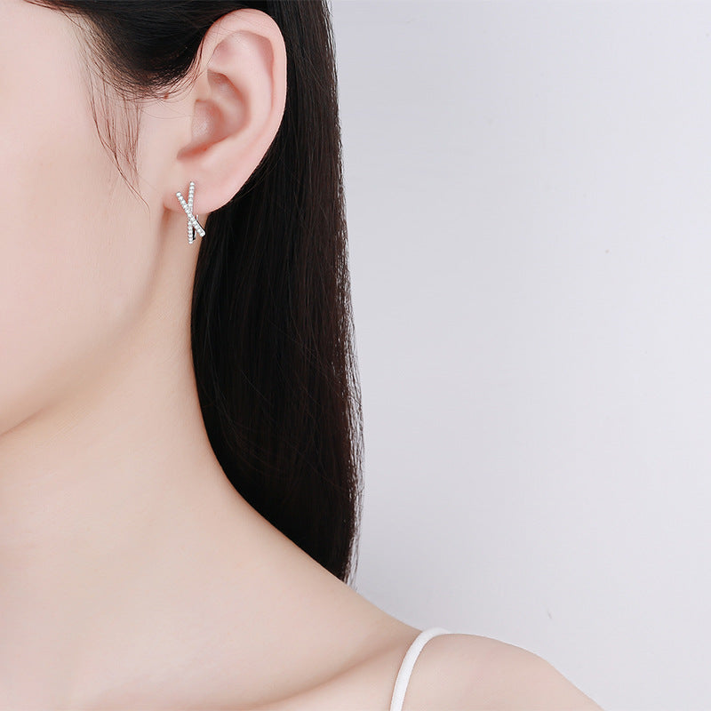S925 Sterling Silver Asymmetric Cross Hoop Earrings - Baroque-Inspired 0.28ct Moissanite Statement Earrings