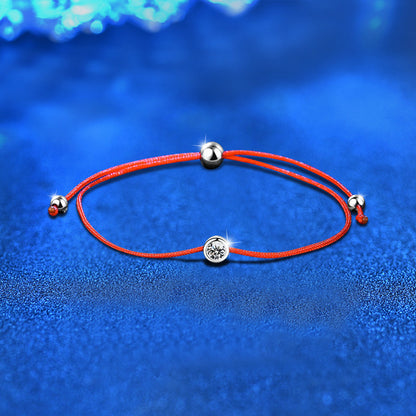 S925 Sterling Silver Beaded Red String Bracelet with 0.3ct Moissanite Minimalist Ethnic Jewelry Rhodium Plated