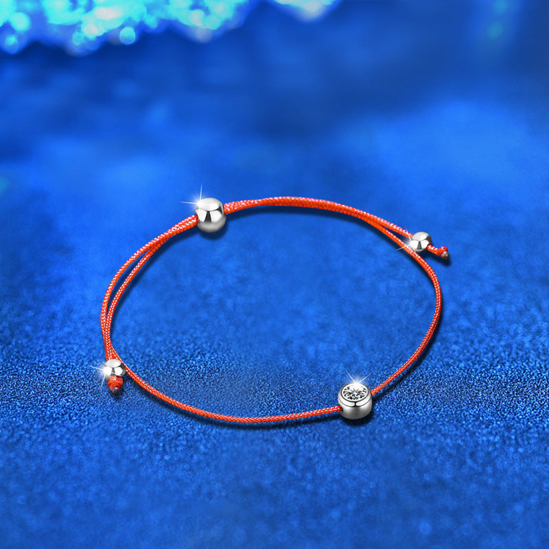 S925 Sterling Silver Beaded Red String Bracelet with 0.3ct Moissanite Minimalist Ethnic Jewelry Rhodium Plated