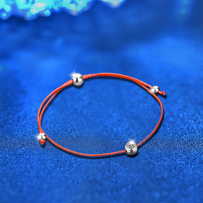 S925 Sterling Silver Beaded Red String Bracelet with 0.3ct Moissanite Minimalist Ethnic Jewelry Rhodium Plated