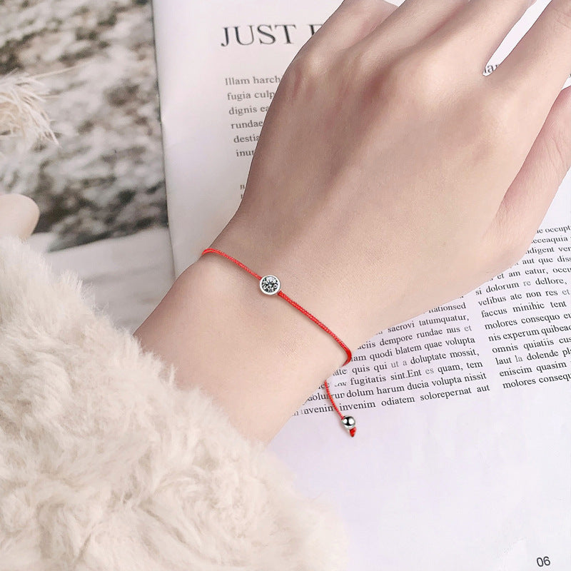 S925 Sterling Silver Beaded Red String Bracelet with 0.3ct Moissanite Minimalist Ethnic Jewelry Rhodium Plated