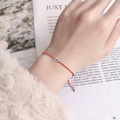 S925 Sterling Silver Beaded Red String Bracelet with 0.3ct Moissanite Minimalist Ethnic Jewelry Rhodium Plated