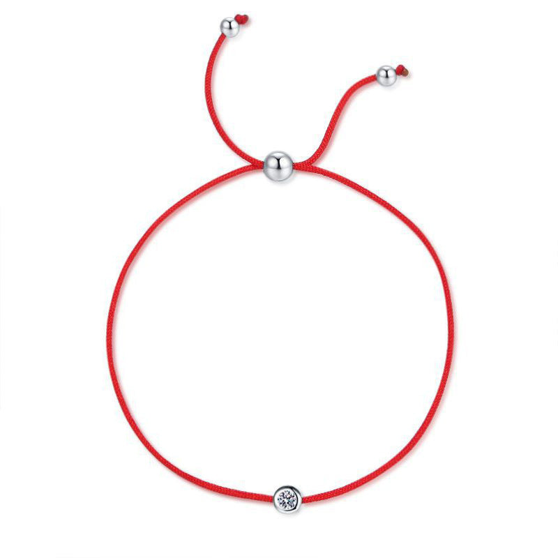 S925 Sterling Silver Beaded Red String Bracelet with 0.3ct Moissanite Minimalist Ethnic Jewelry Rhodium Plated