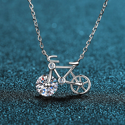 S925 Sterling Silver Bicycle Pendant Necklace - 1CT Moissanite Wheel-Inspired Choker