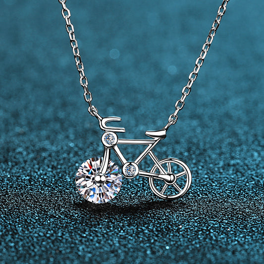 S925 Sterling Silver Bicycle Pendant Necklace - 1CT Moissanite Wheel-Inspired Choker