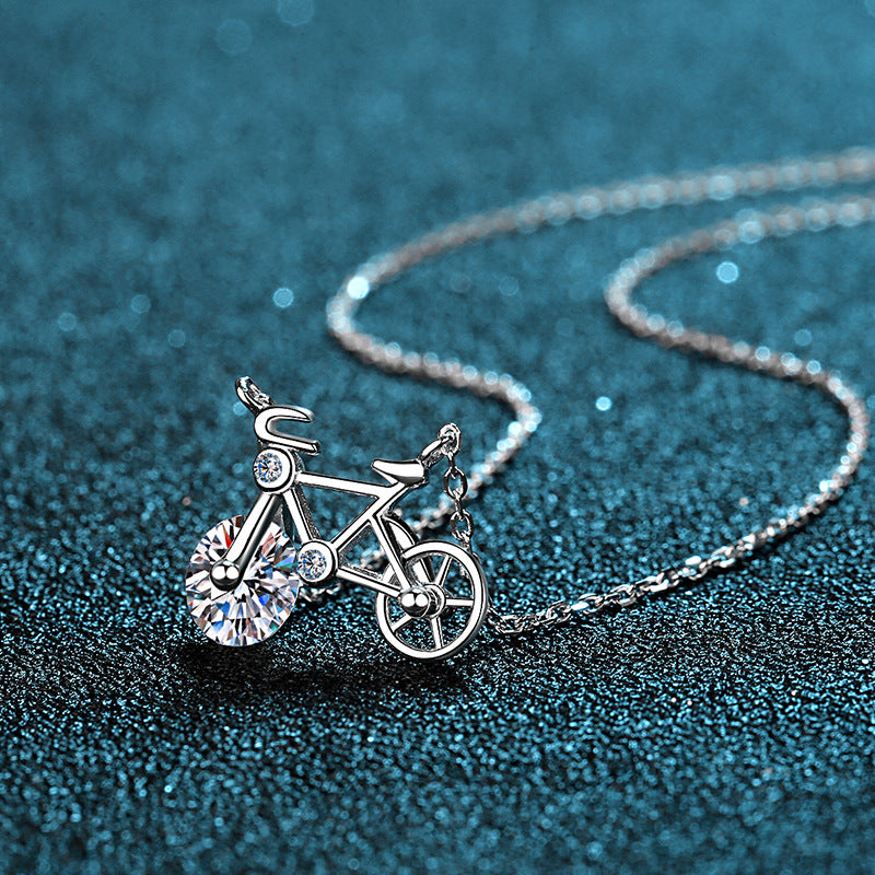 S925 Sterling Silver Bicycle Pendant Necklace - 1CT Moissanite Wheel-Inspired Choker