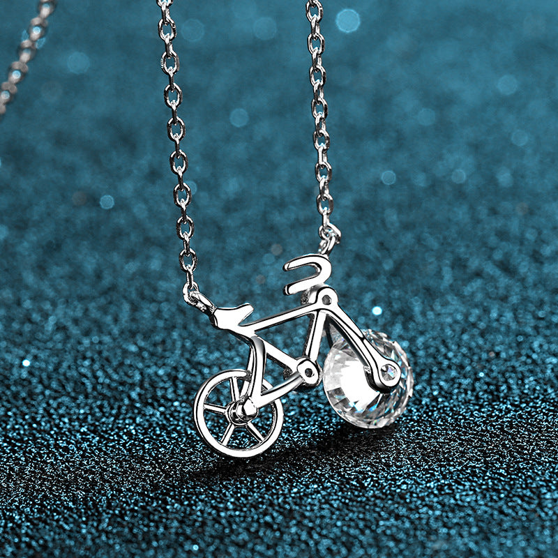 S925 Sterling Silver Bicycle Pendant Necklace - 1CT Moissanite Wheel-Inspired Choker