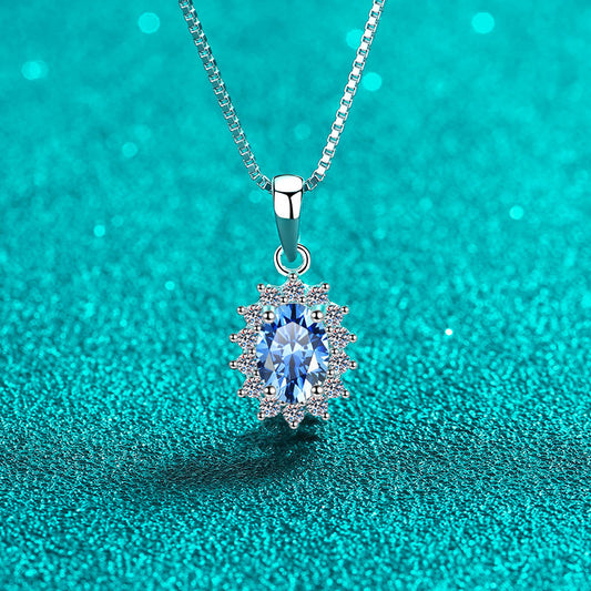 S925 Sterling Silver Blue Moissanite Pendant Necklace - 1CT Oval Cut Box Chain