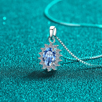 S925 Sterling Silver Blue Moissanite Pendant Necklace - 1CT Oval Cut Box Chain