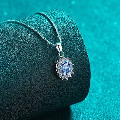 S925 Sterling Silver Blue Moissanite Pendant Necklace - 1CT Oval Cut Box Chain