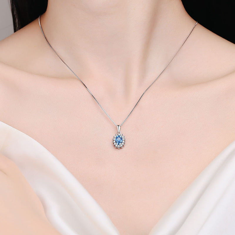 S925 Sterling Silver Blue Moissanite Pendant Necklace - 1CT Oval Cut Box Chain