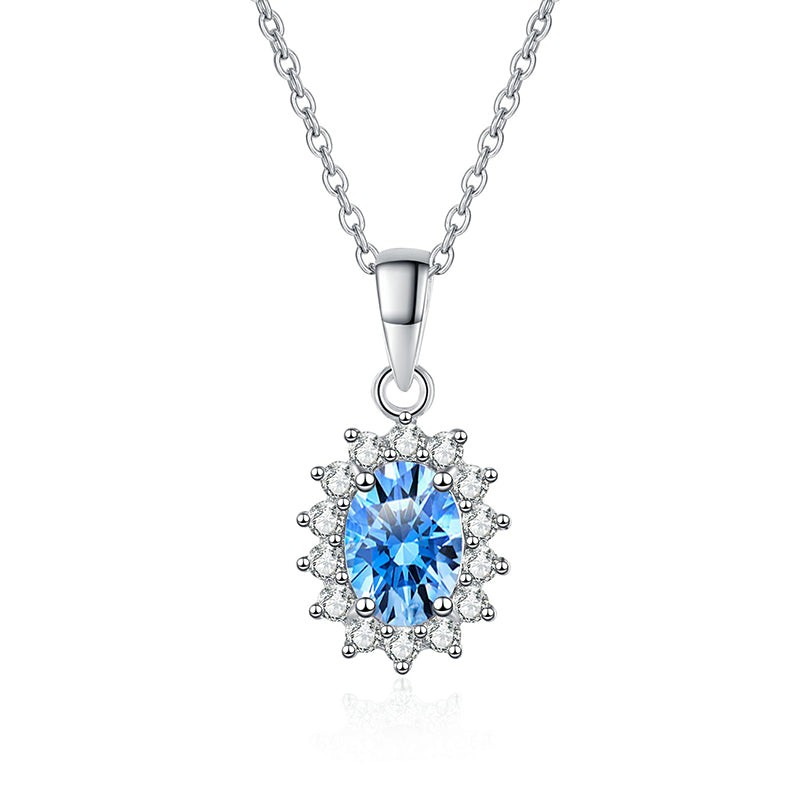 S925 Sterling Silver Blue Moissanite Pendant Necklace - 1CT Oval Cut Box Chain