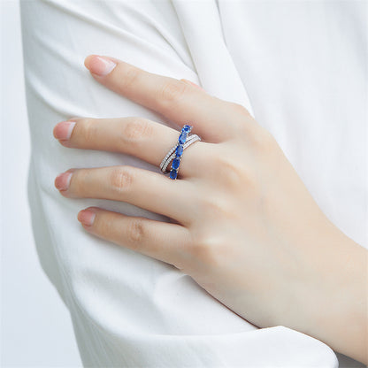 S925 Sterling Silver Blue Zirconia Crossover Ring - Bold Geometric Statement Jewelry