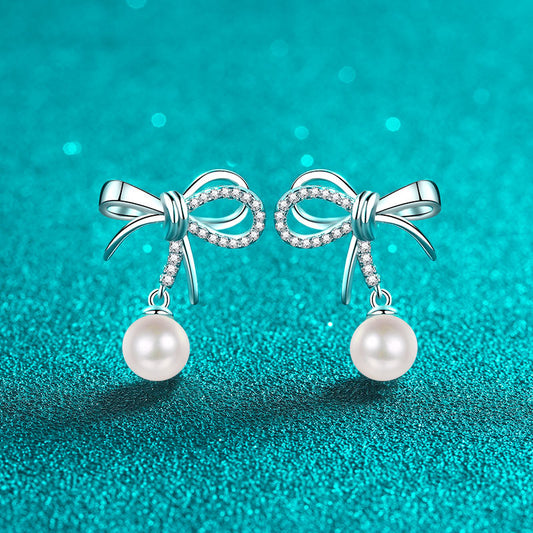 S925 Sterling Silver Bow Drop Earrings - 0.21ct Moissanite & 6-7mm Freshwater Pearls