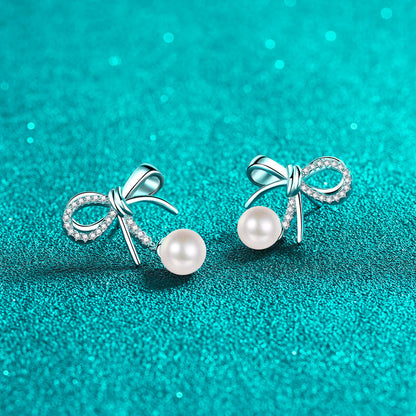 S925 Sterling Silver Bow Drop Earrings - 0.21ct Moissanite & 6-7mm Freshwater Pearls