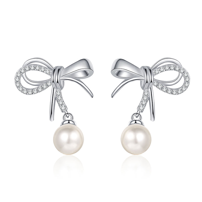 S925 Sterling Silver Bow Drop Earrings - 0.21ct Moissanite & 6-7mm Freshwater Pearls