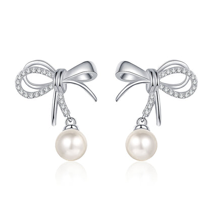 S925 Sterling Silver Bow Drop Earrings - 0.21ct Moissanite & 6-7mm Freshwater Pearls