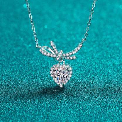 S925 Sterling Silver Bow Heart Pendant Necklace - 1CT Moissanite Princess-Style Chain
