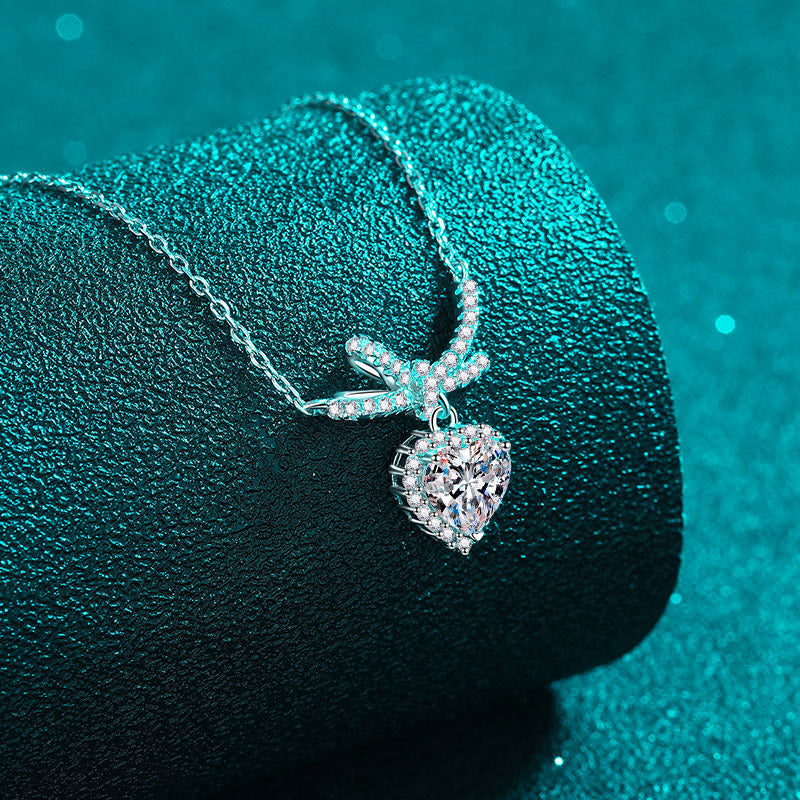 S925 Sterling Silver Bow Heart Pendant Necklace - 1CT Moissanite Princess-Style Chain