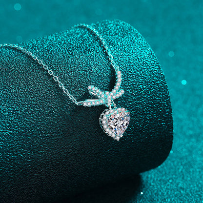 S925 Sterling Silver Bow Heart Pendant Necklace - 1CT Moissanite Princess-Style Chain