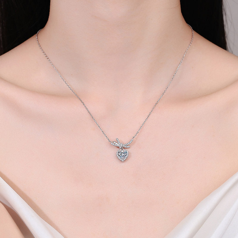 S925 Sterling Silver Bow Heart Pendant Necklace - 1CT Moissanite Princess-Style Chain