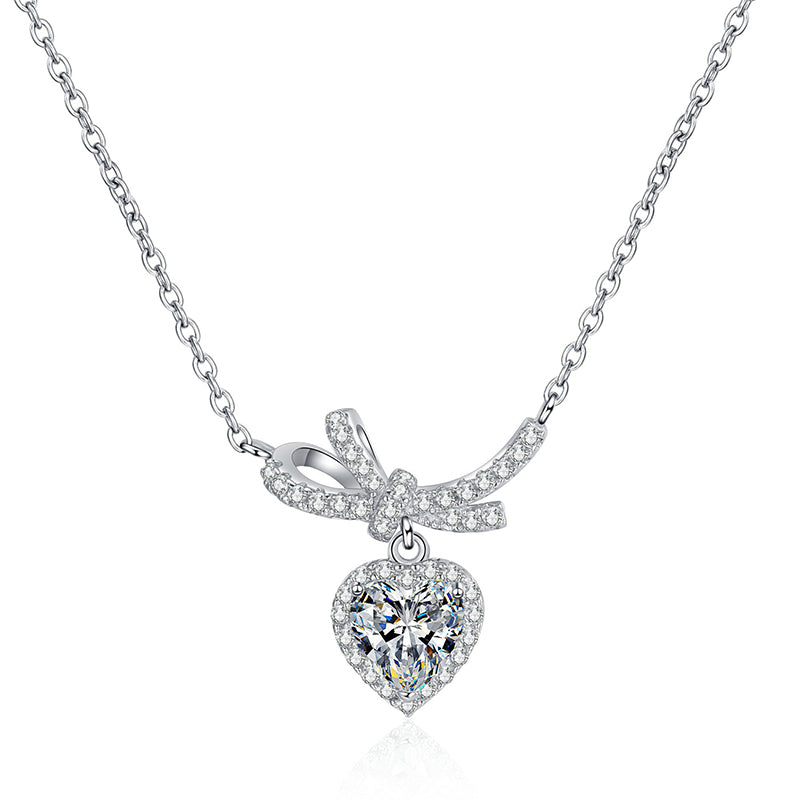 S925 Sterling Silver Bow Heart Pendant Necklace - 1CT Moissanite Princess-Style Chain
