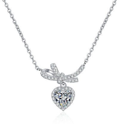 S925 Sterling Silver Bow Heart Pendant Necklace - 1CT Moissanite Princess-Style Chain