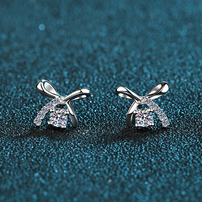 S925 Sterling Silver Bow Moissanite Stud Earrings Plated with Pt950 Gold - Dainty 4-Prong Elegance