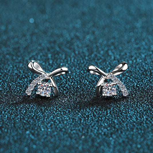 S925 Sterling Silver Bow Moissanite Stud Earrings Plated with Pt950 Gold - Dainty 4-Prong Elegance
