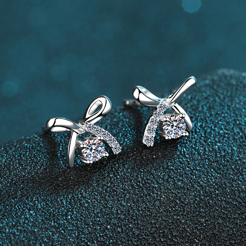 S925 Sterling Silver Bow Moissanite Stud Earrings Plated with Pt950 Gold - Dainty 4-Prong Elegance