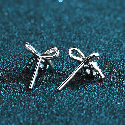 S925 Sterling Silver Bow Moissanite Stud Earrings Plated with Pt950 Gold - Dainty 4-Prong Elegance